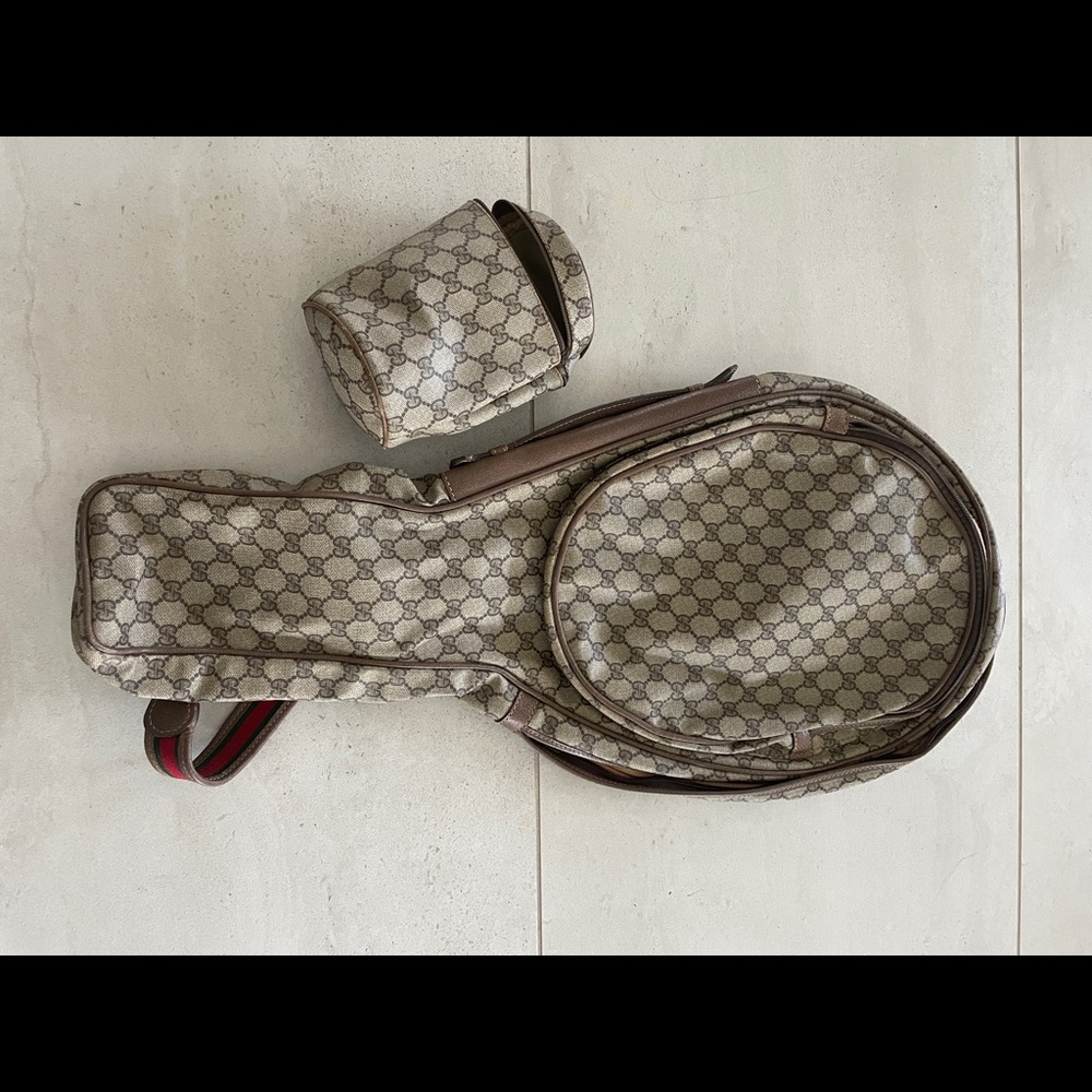 Vintage Gucci monogram GG tennis racquet cover and ball storage.   Circa 1980s .